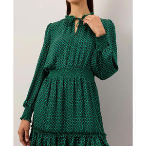 Cece Green Geometric Printed Dress w/ Tie @ Neck Ruffle Hem Cinched Waist - MED